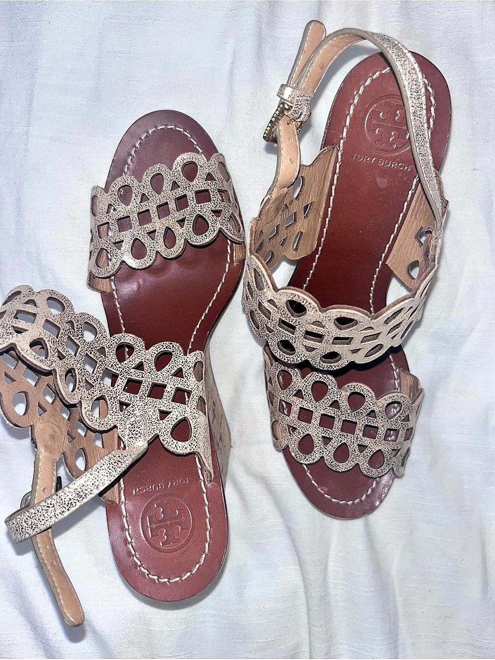 Tory Burch Women's Cutout Wedge Sandals in Brown & Gold